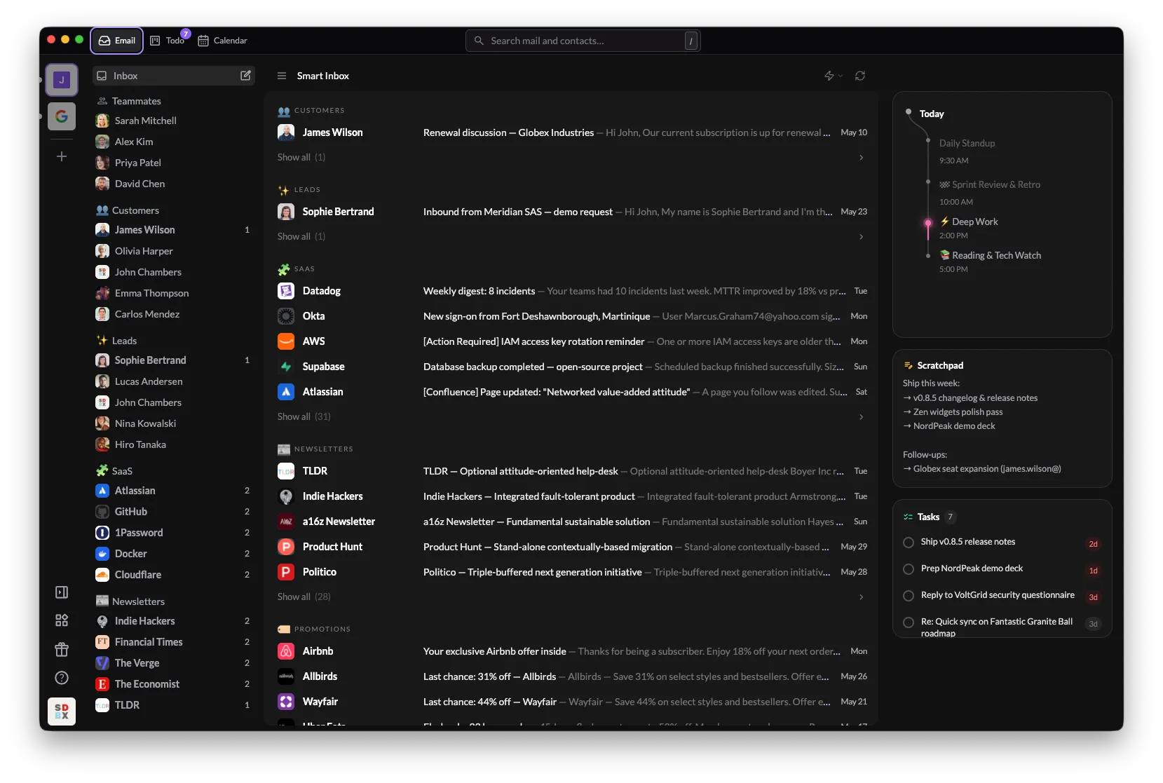 Talanoa inbox with calendar widget