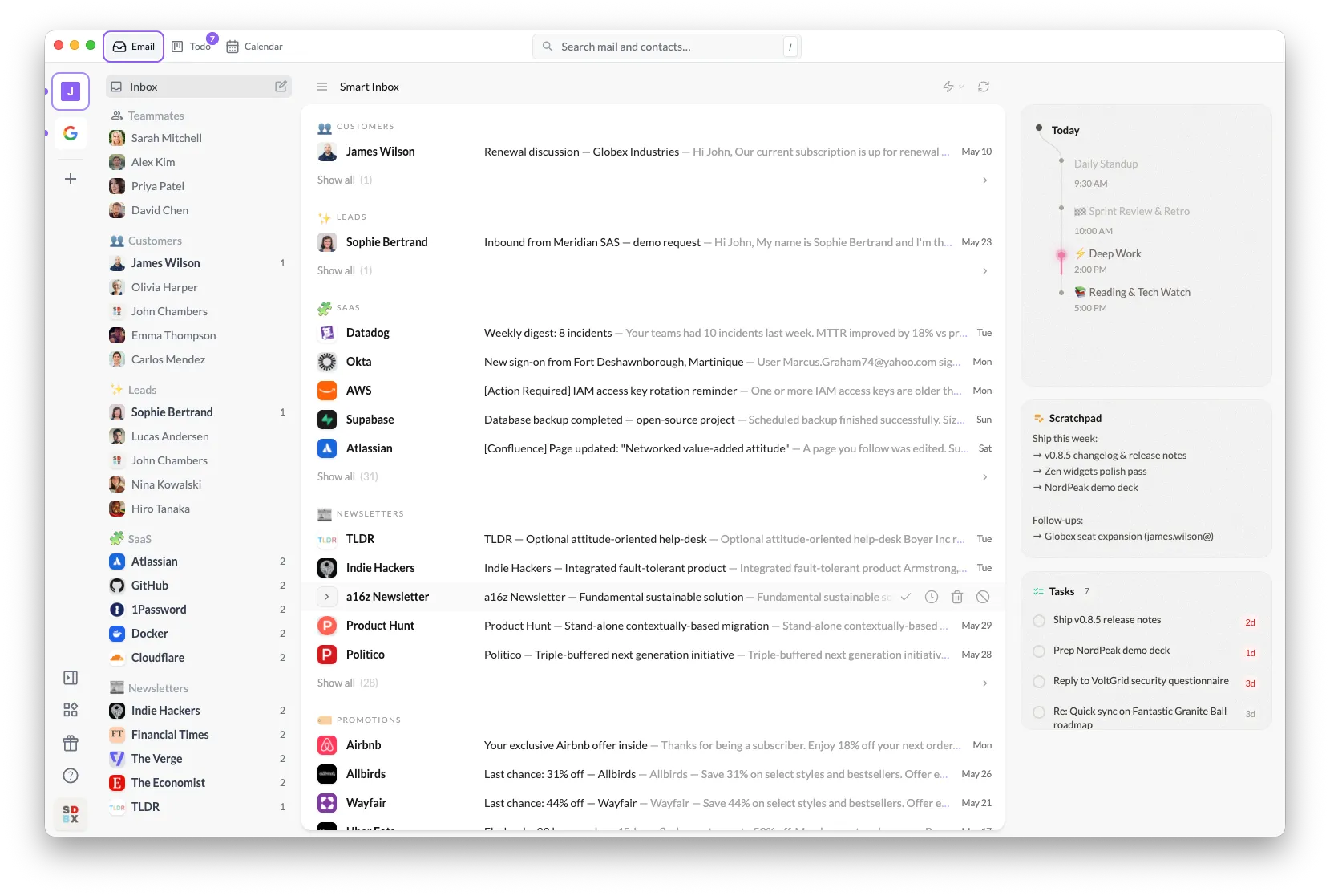 Talanoa inbox with calendar widget