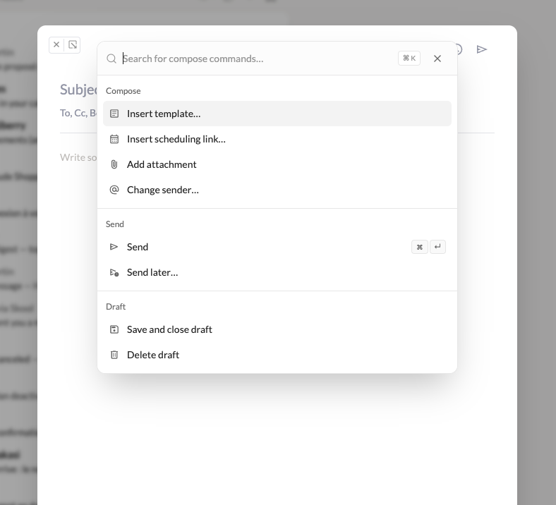 The composer command palette open over a draft, showing searchable actions