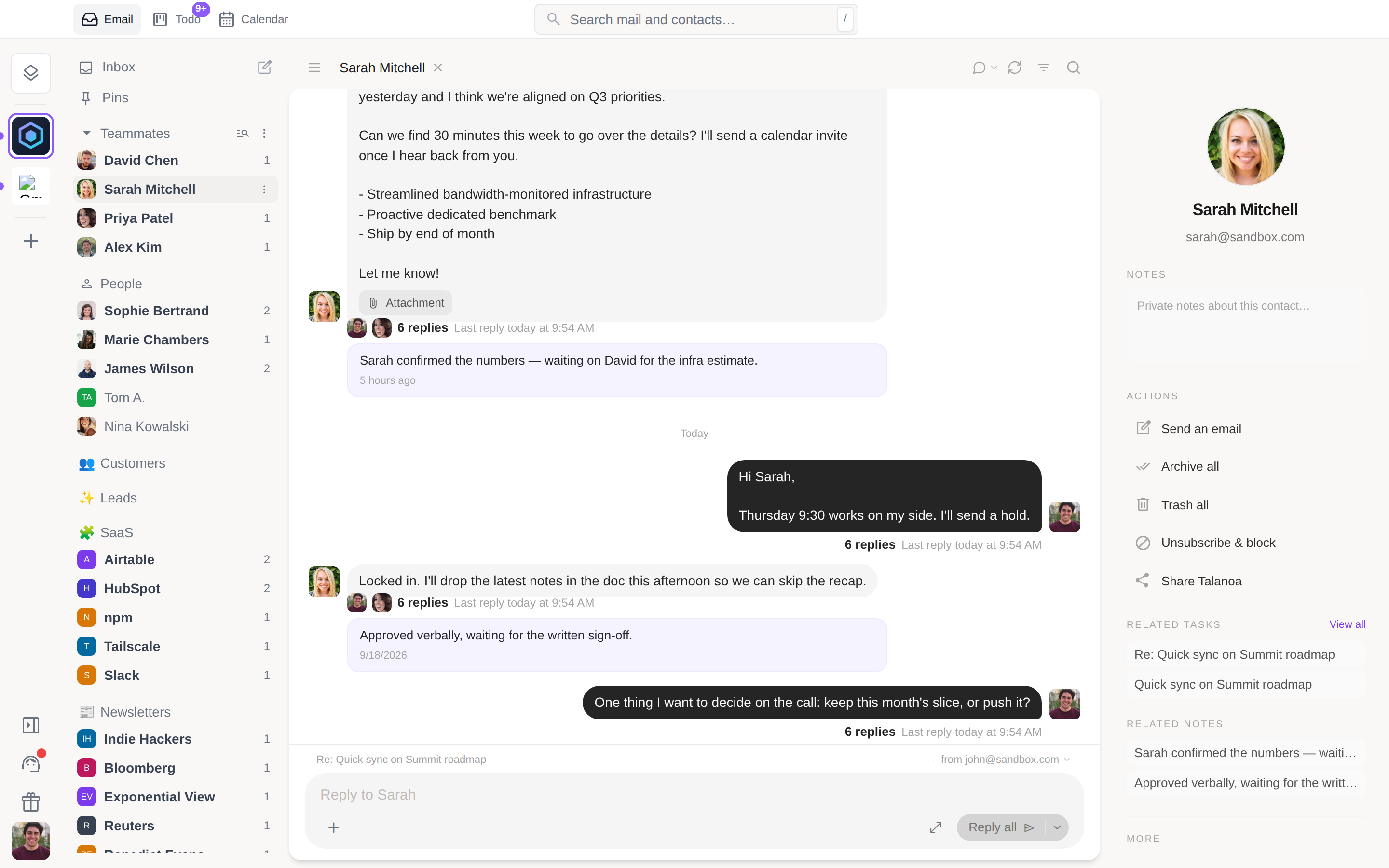 A conversation with a teammate shown as chat bubbles, with the reply box at the bottom