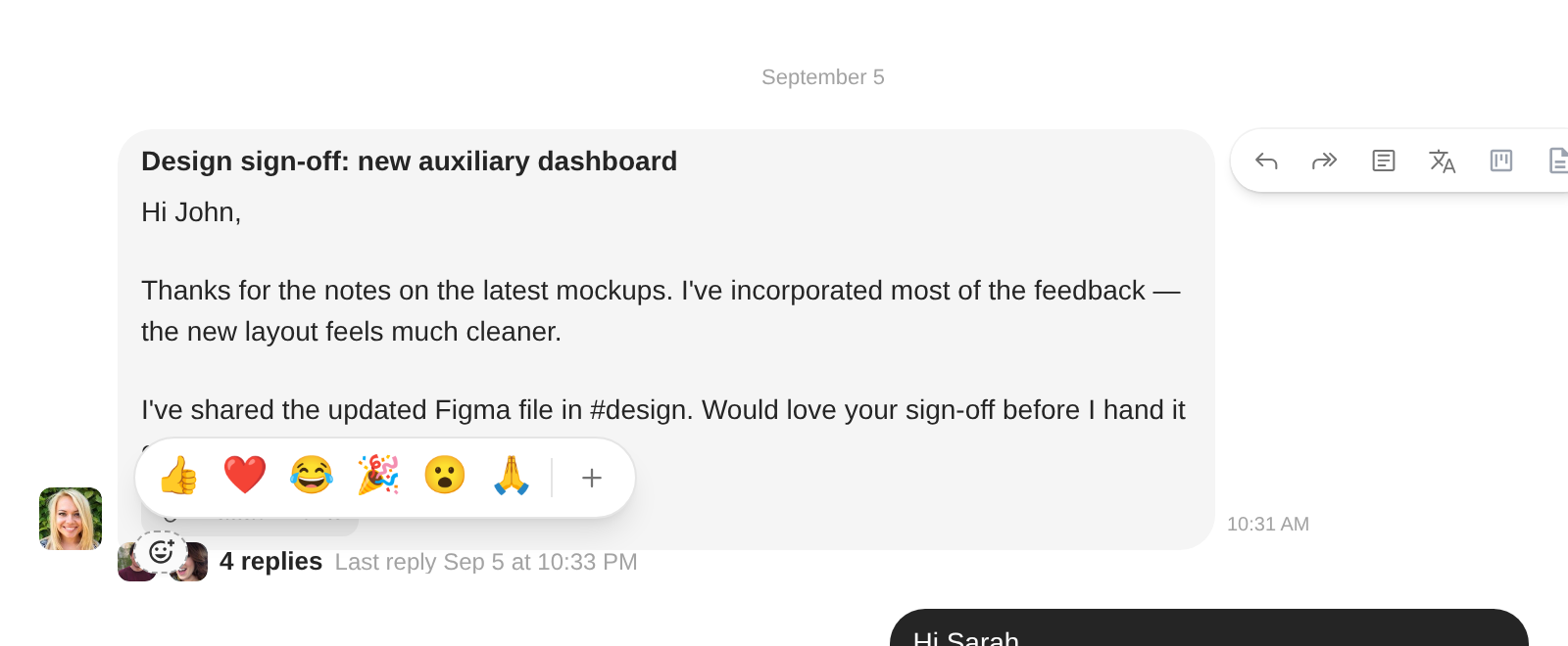 The quick reaction strip over a chat bubble