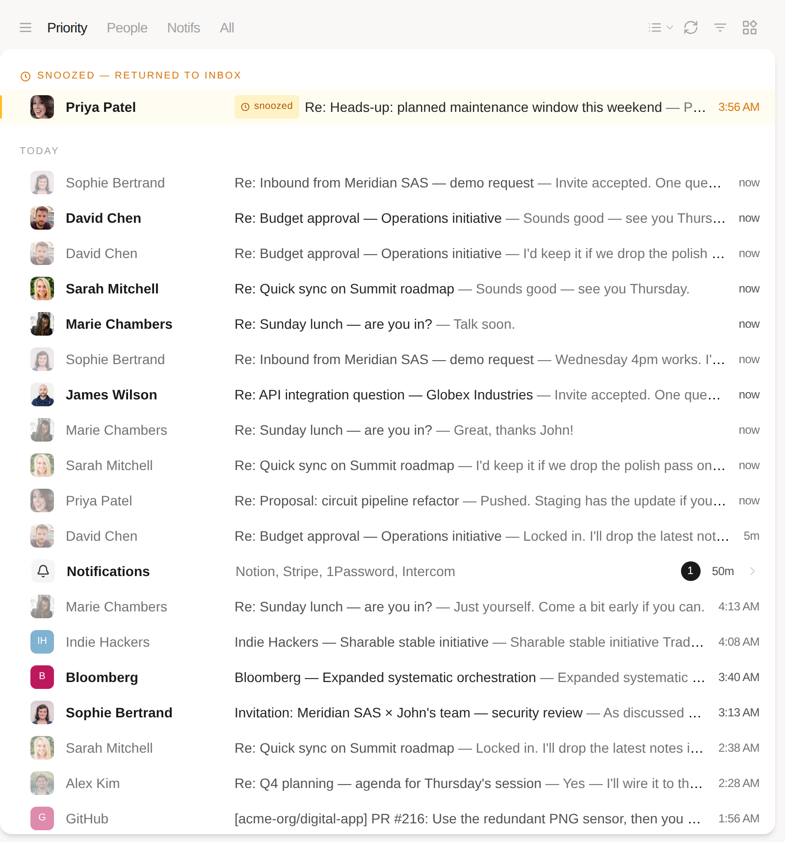 The Priority tab, with a single Notifications row folding Stripe, Notion, Mixpanel and Docker