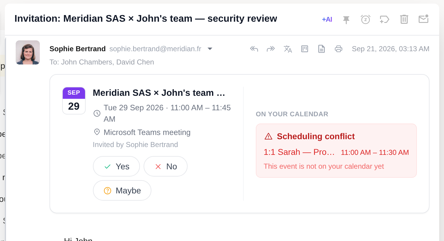 An Outlook invitation shown with Yes, No, Maybe buttons and a scheduling conflict warning