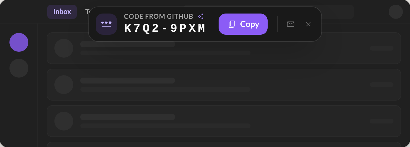 The banner at the top of the window showing a code from GitHub, with a Copy button