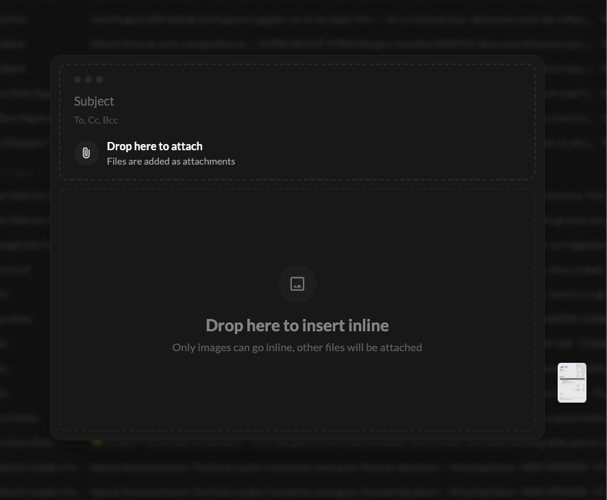 The drop overlay shaped like a compose window, with a zone to attach files and a zone to insert images inline