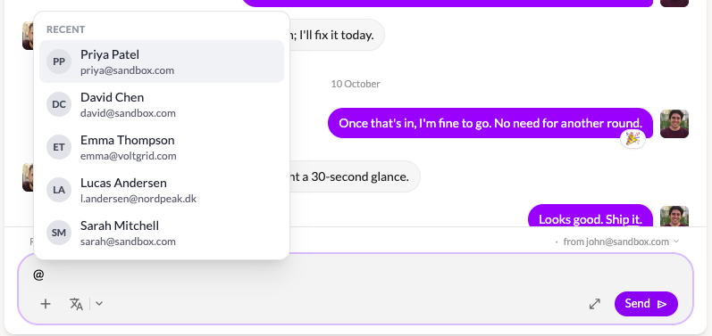 Typing @ in the composer opens a list of recent contacts to mention