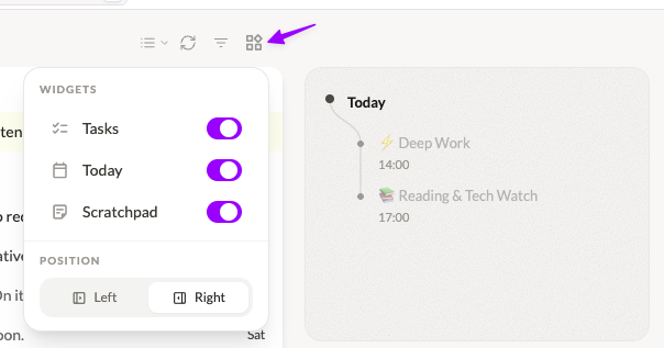 The widget menu with Left and Right position, next to the Today widget