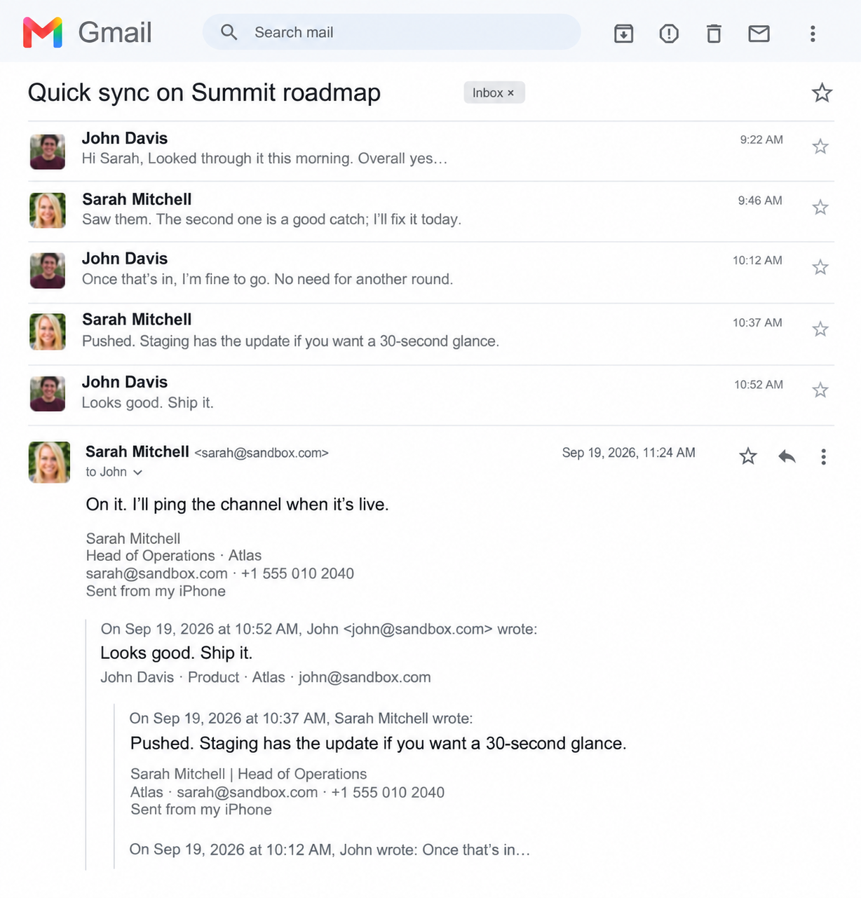 The same Summit roadmap conversation in a traditional Gmail-style thread, with the Gmail logo, only the first message expanded with quoted replies and signatures; the five following messages are collapsed.