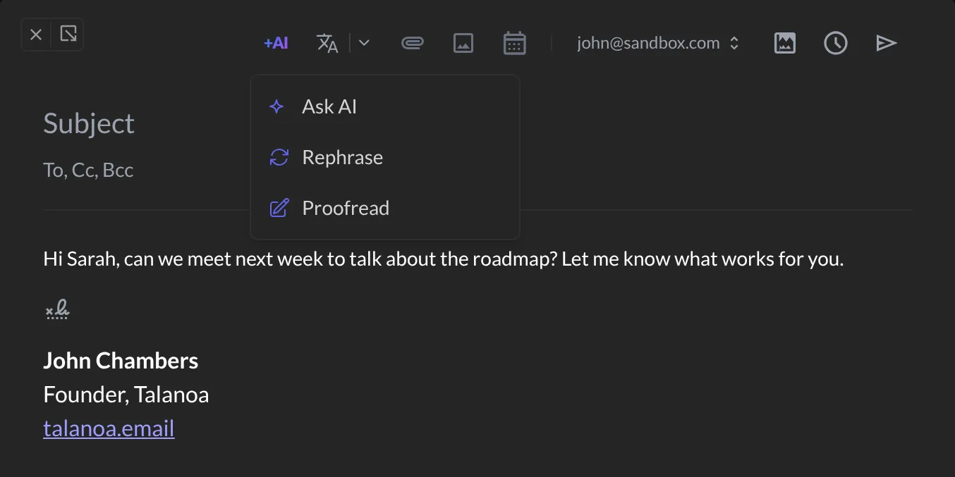 The AI menu in the email toolbar: Ask AI, Rephrase and Proofread