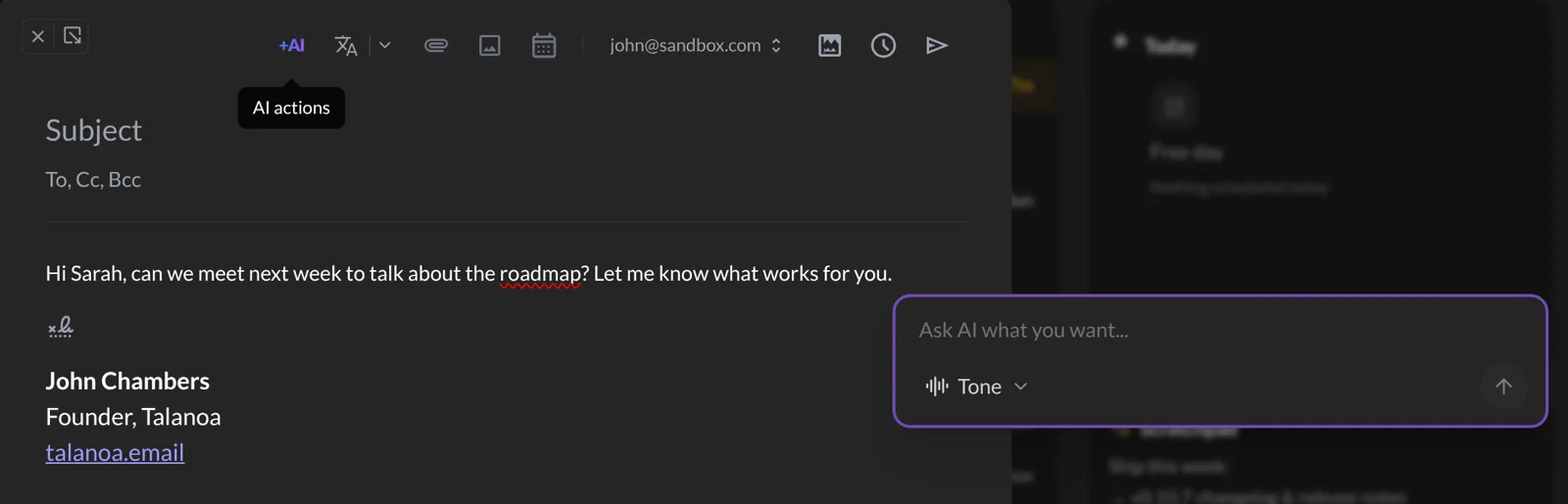 The Ask AI box with its Tone menu, next to an email