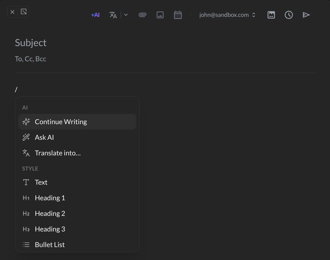 The slash menu with Continue Writing, Ask AI and Translate into…