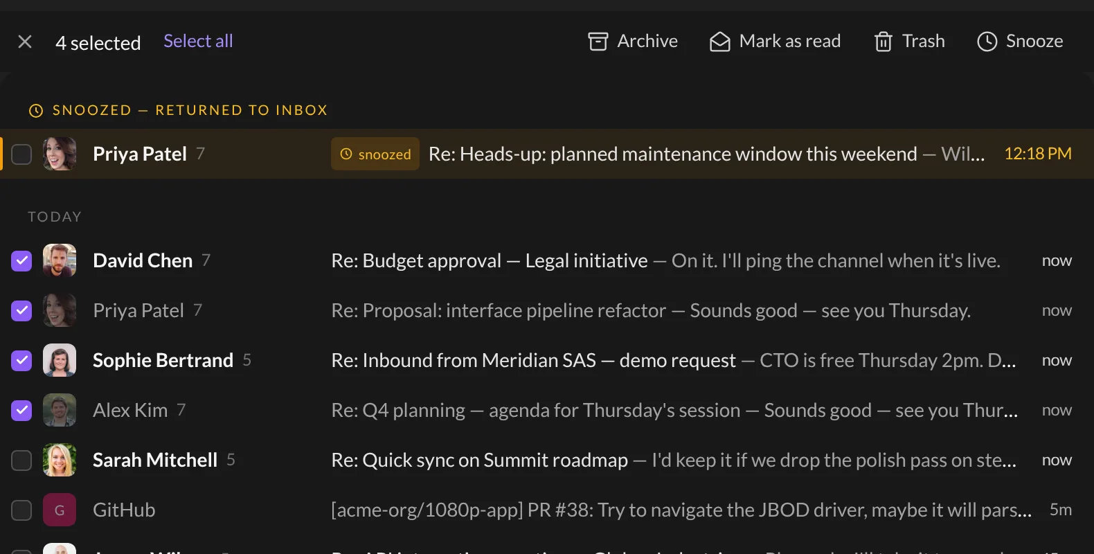 The action bar with 4 emails selected
