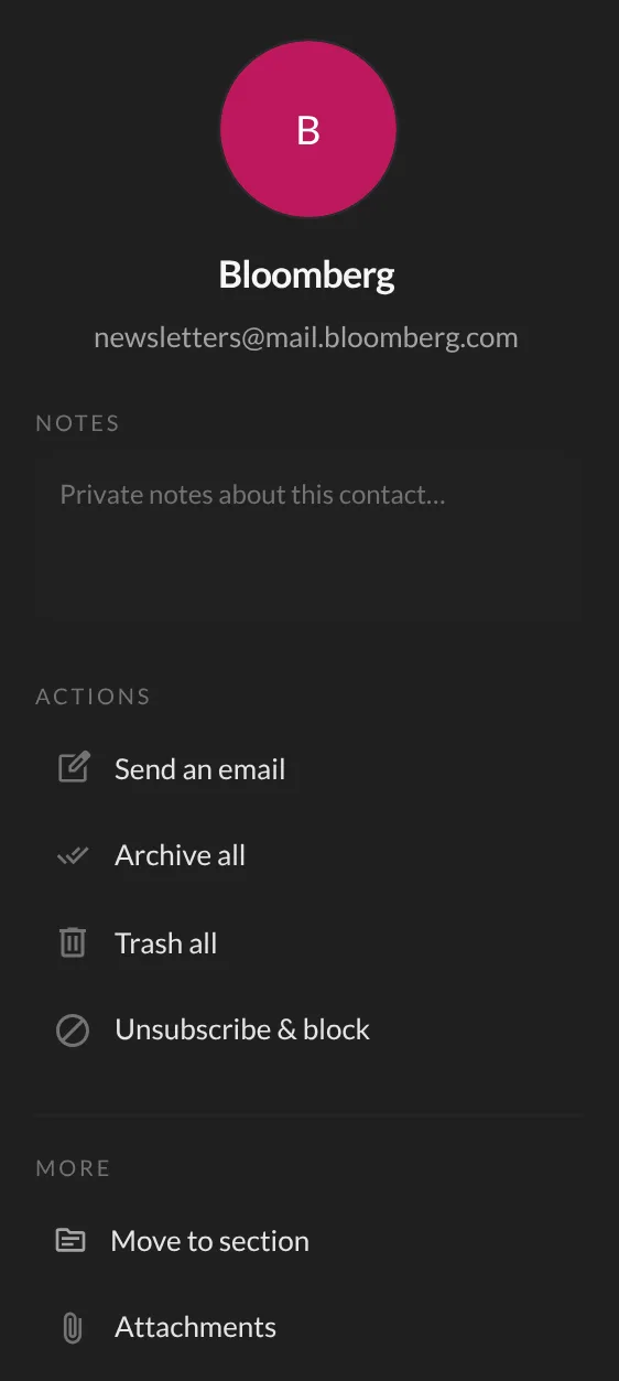 The sender panel with Archive all and Trash all