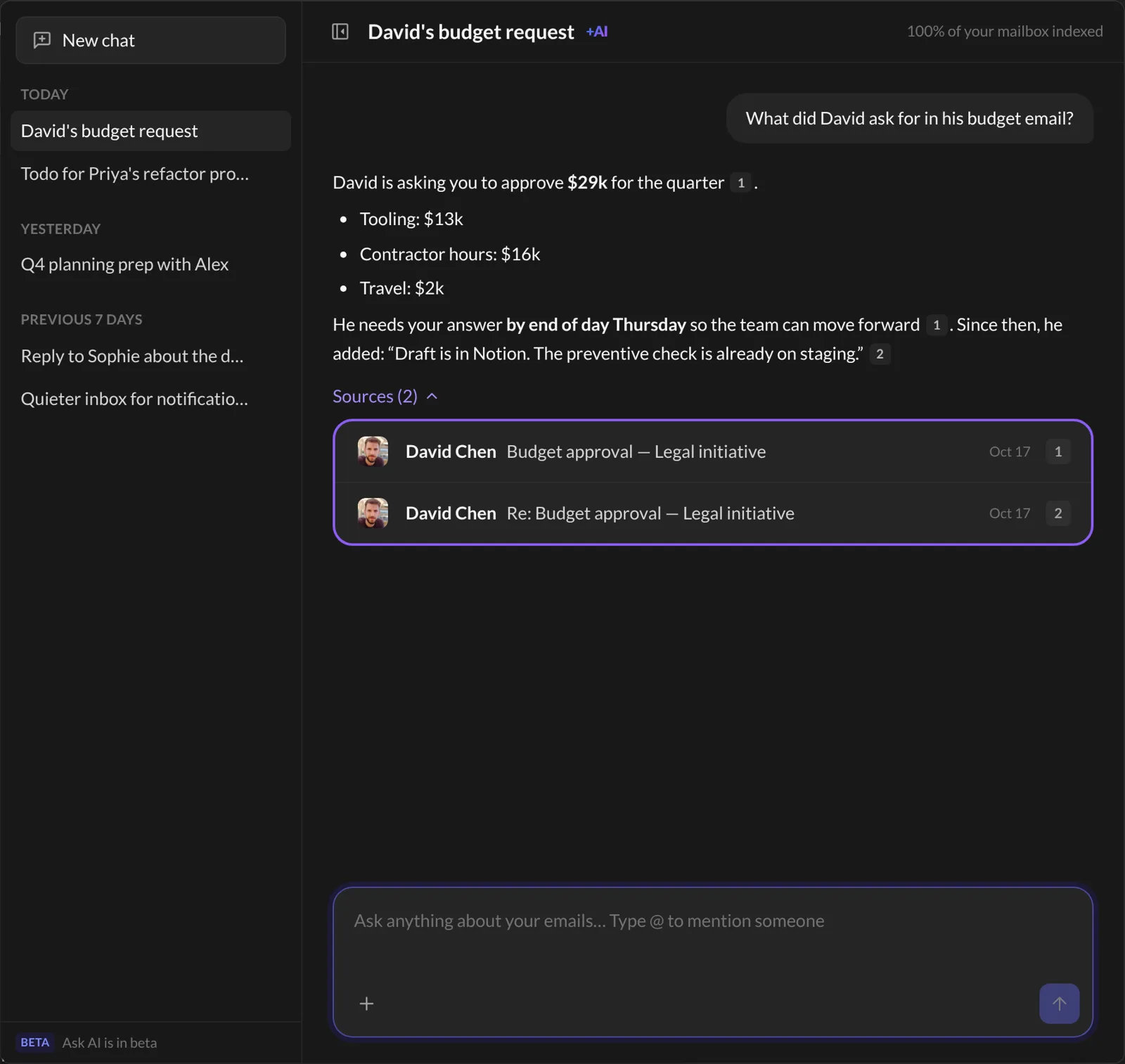 An Ask AI chat with an answer and its two source emails