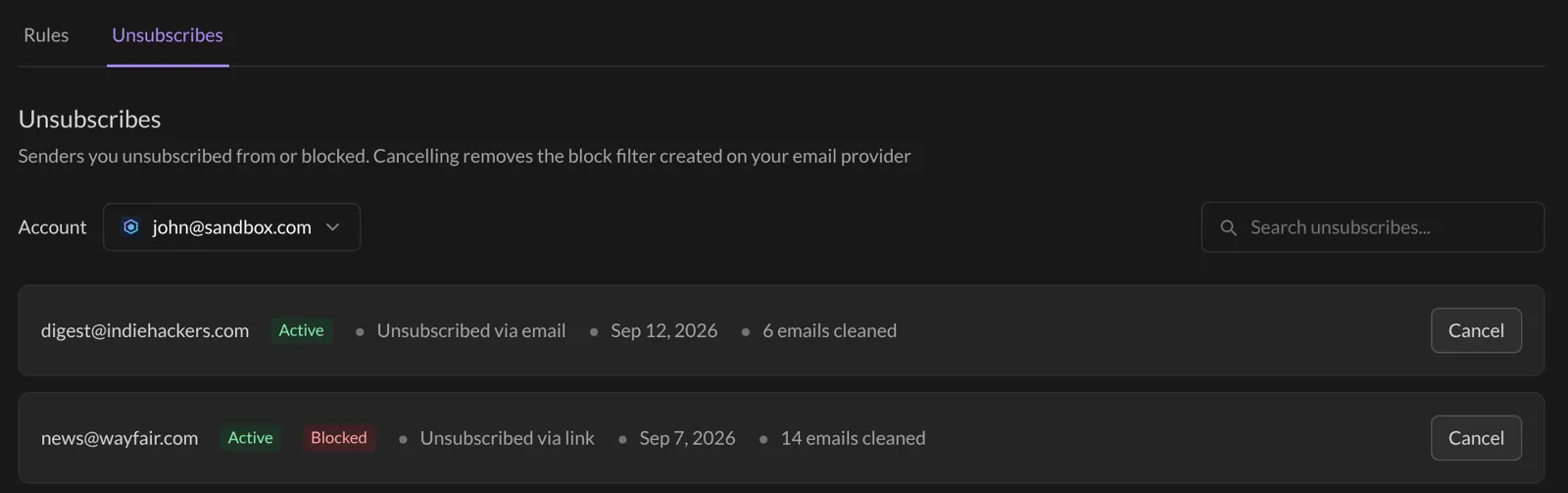 The Unsubscribes tab with a Cancel button for each sender