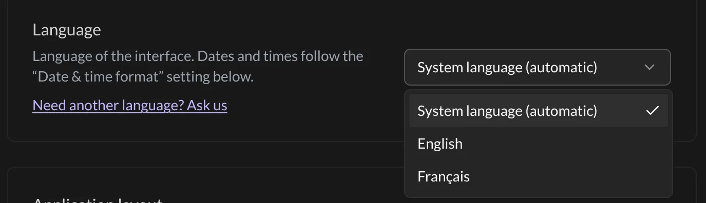 The Language menu with System language, English and Français