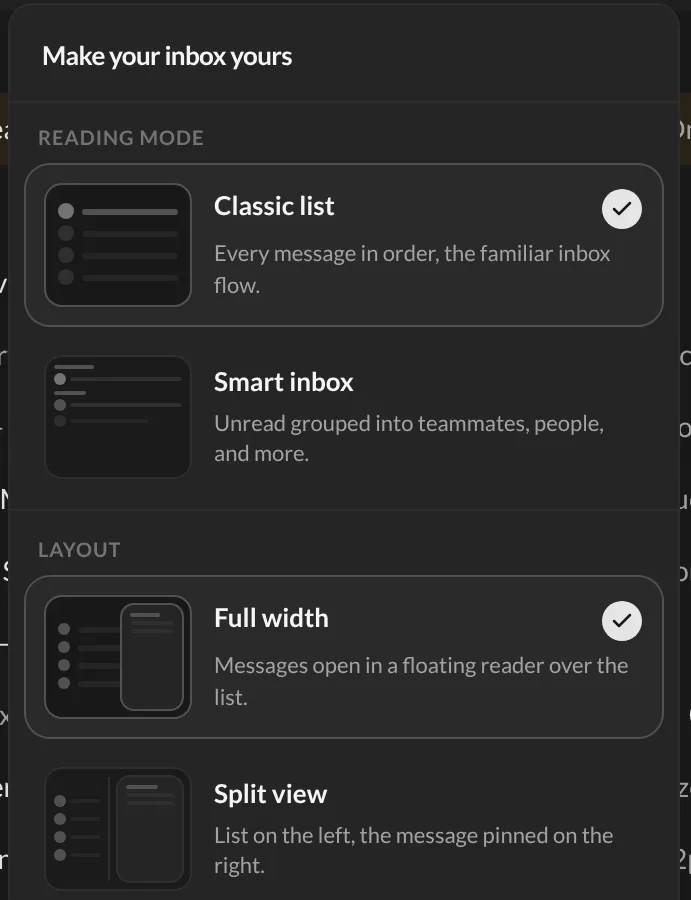 The Make your inbox yours panel, with Reading mode and Layout choices