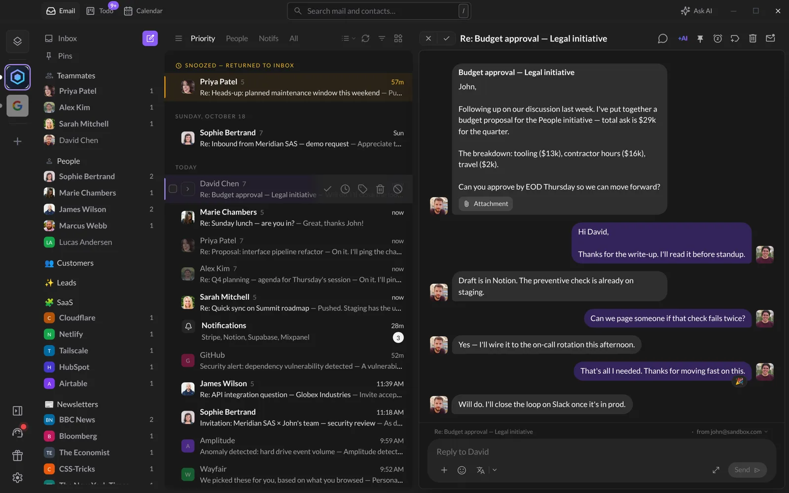 Split view: the email list on the left, a conversation open on the right