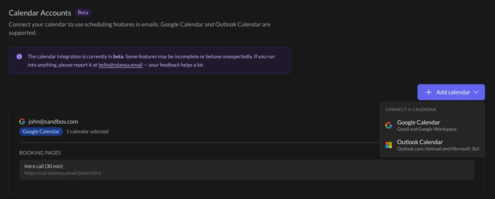 The Calendar Accounts settings with the Add calendar menu open