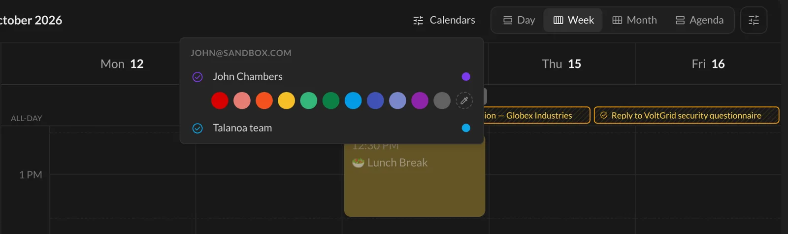 The Calendars menu with the color choices open under one calendar