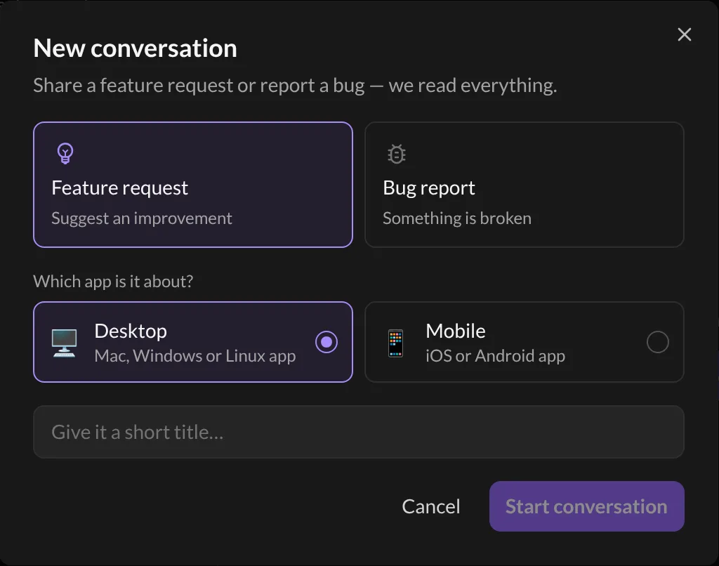 The New conversation window with Feature request and Bug report