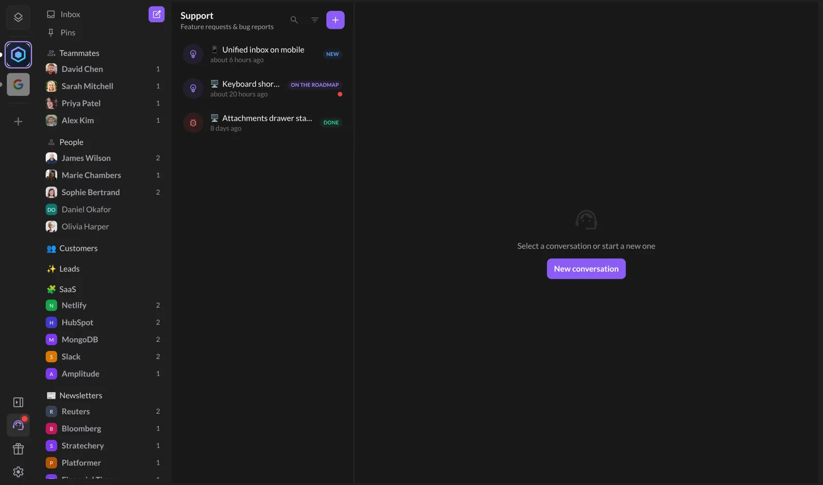 The Support screen with a list of conversations and their status
