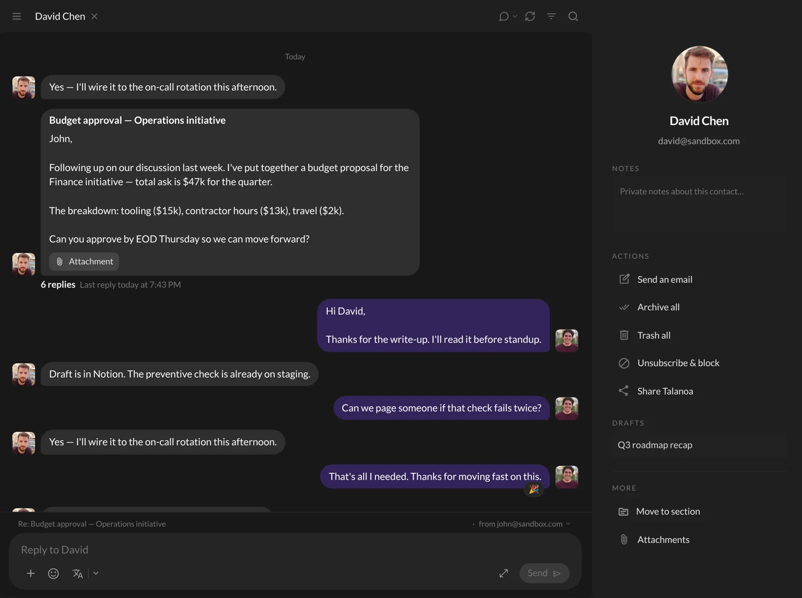 A conversation with David Chen, with the sender panel on the right