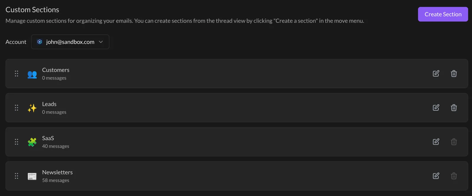 Settings, Sections tab, with four custom sections and their emojis