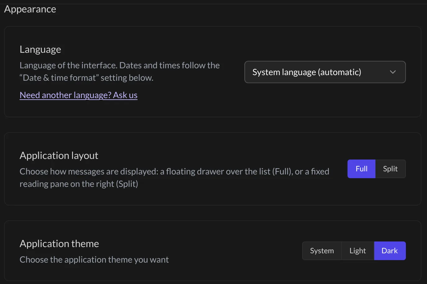 The Appearance settings with the theme, layout and font options