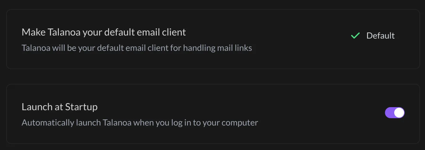 The "Make Talanoa your default email client" setting, showing Default with a green check