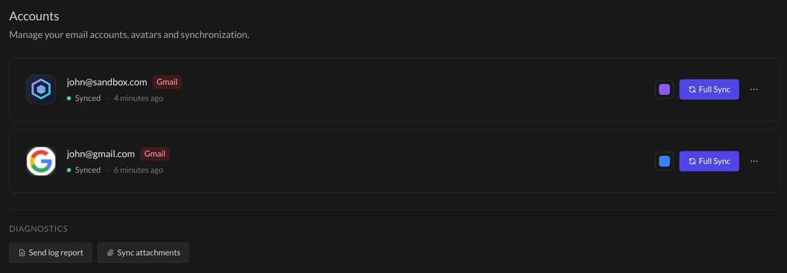 The Accounts page in Settings, with the sync status of each account