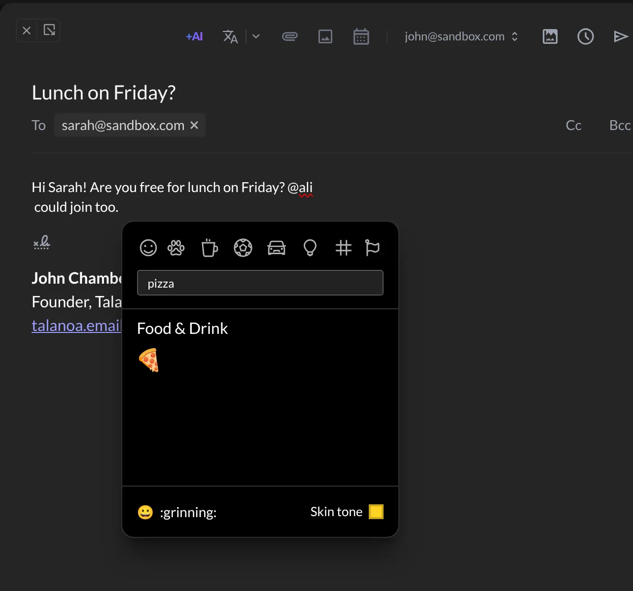 The emoji picker, searching for pizza