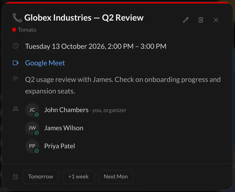 An event's details with the edit, delete and quick move buttons