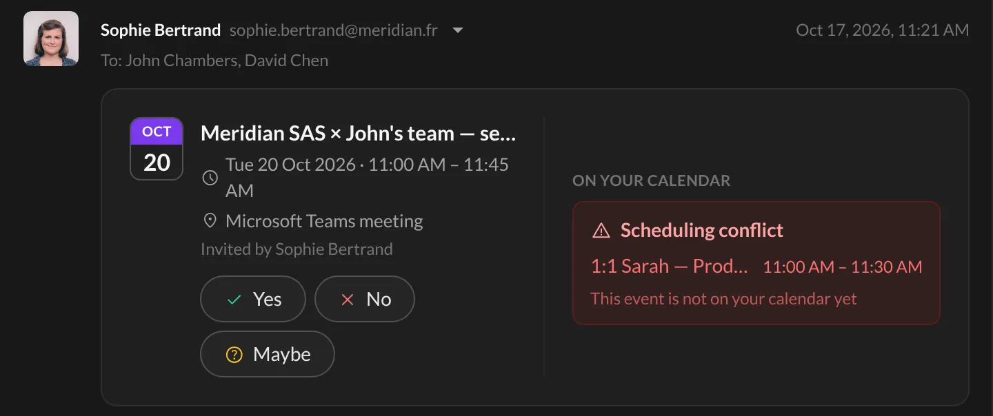 An invitation email with Yes, No and Maybe buttons and a scheduling conflict warning