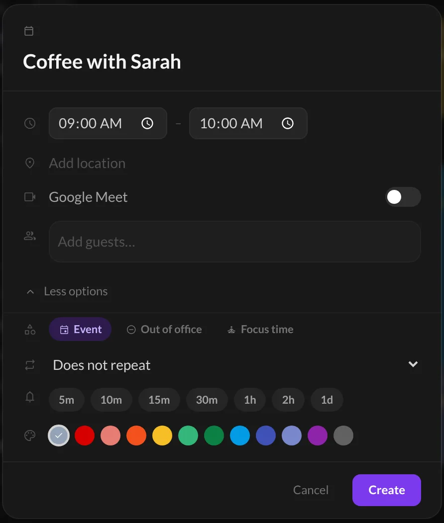 The new event window with its title, time, video call switch and extra options
