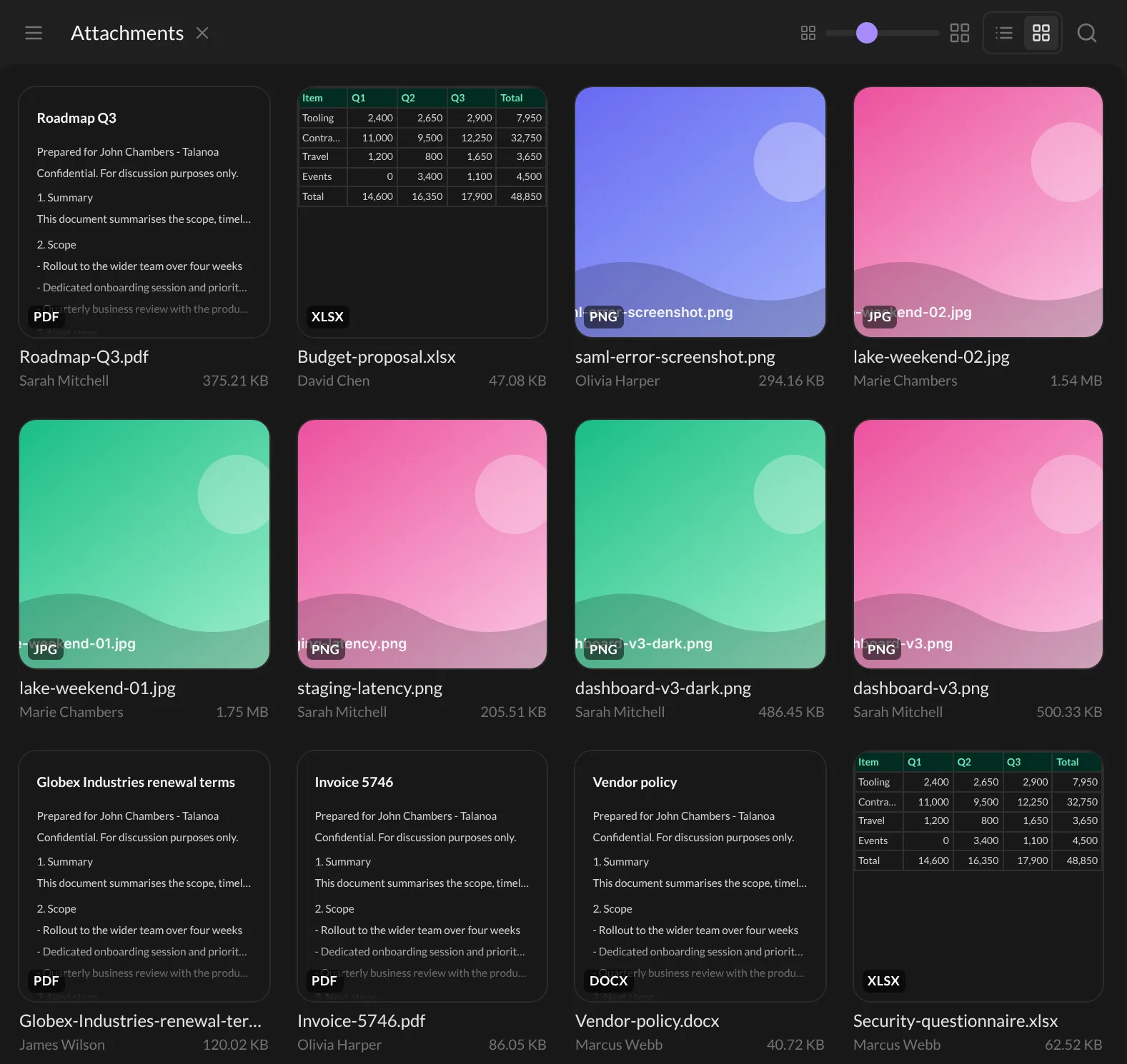 The Attachments view in gallery mode, with thumbnails of PDFs, spreadsheets and images