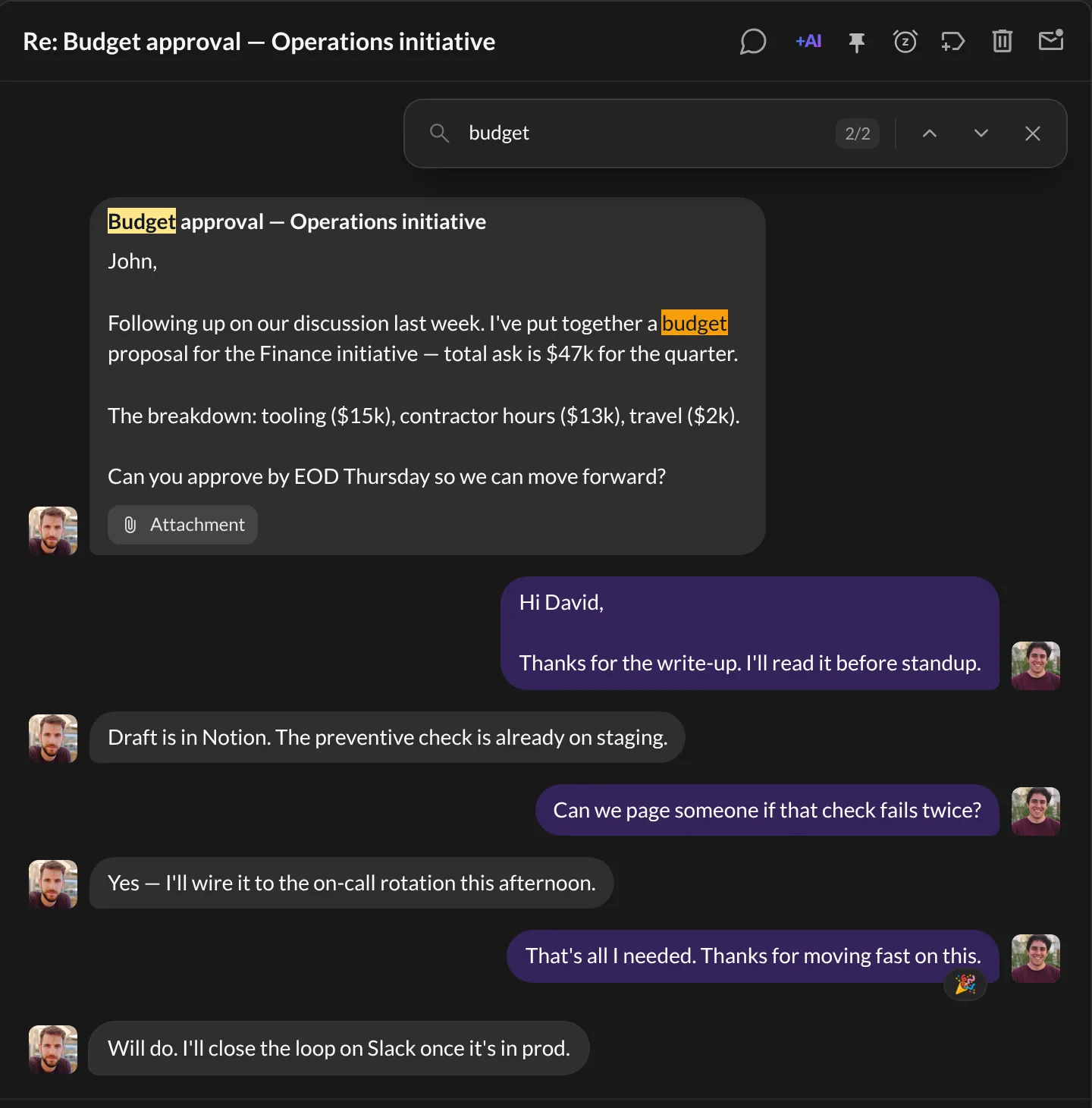 The find bar searching for the word budget, with matches highlighted in the conversation
