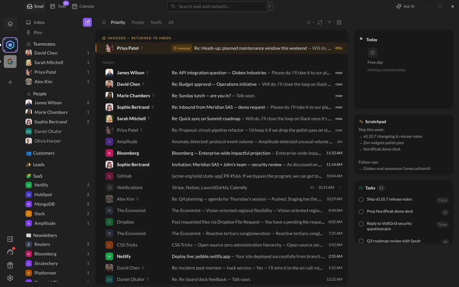 The Talanoa window: the account rail on the far left, the sidebar, the email list in the middle and the widgets on the right