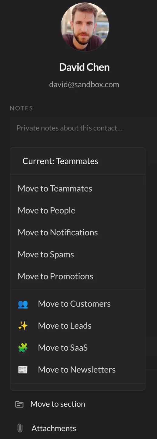 The Move to section menu in the sender panel