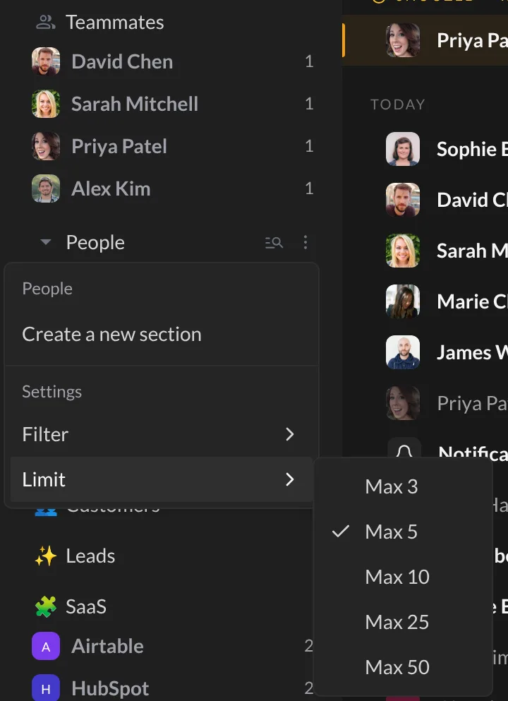 The menu of the People group, with Filter and Limit options