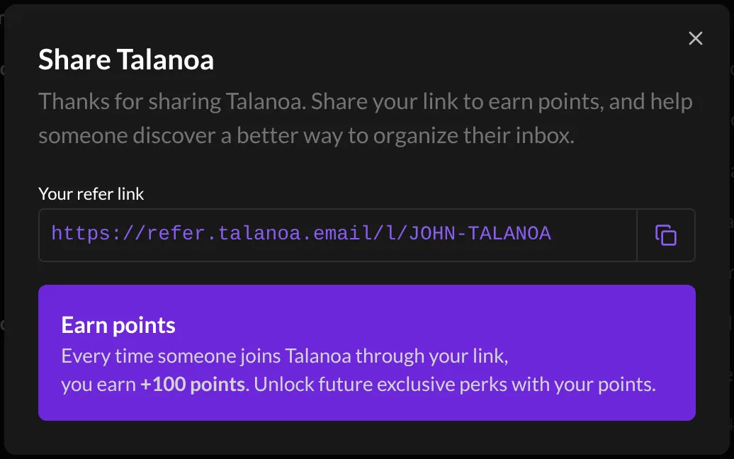 The Share Talanoa window with the refer link and the points explained