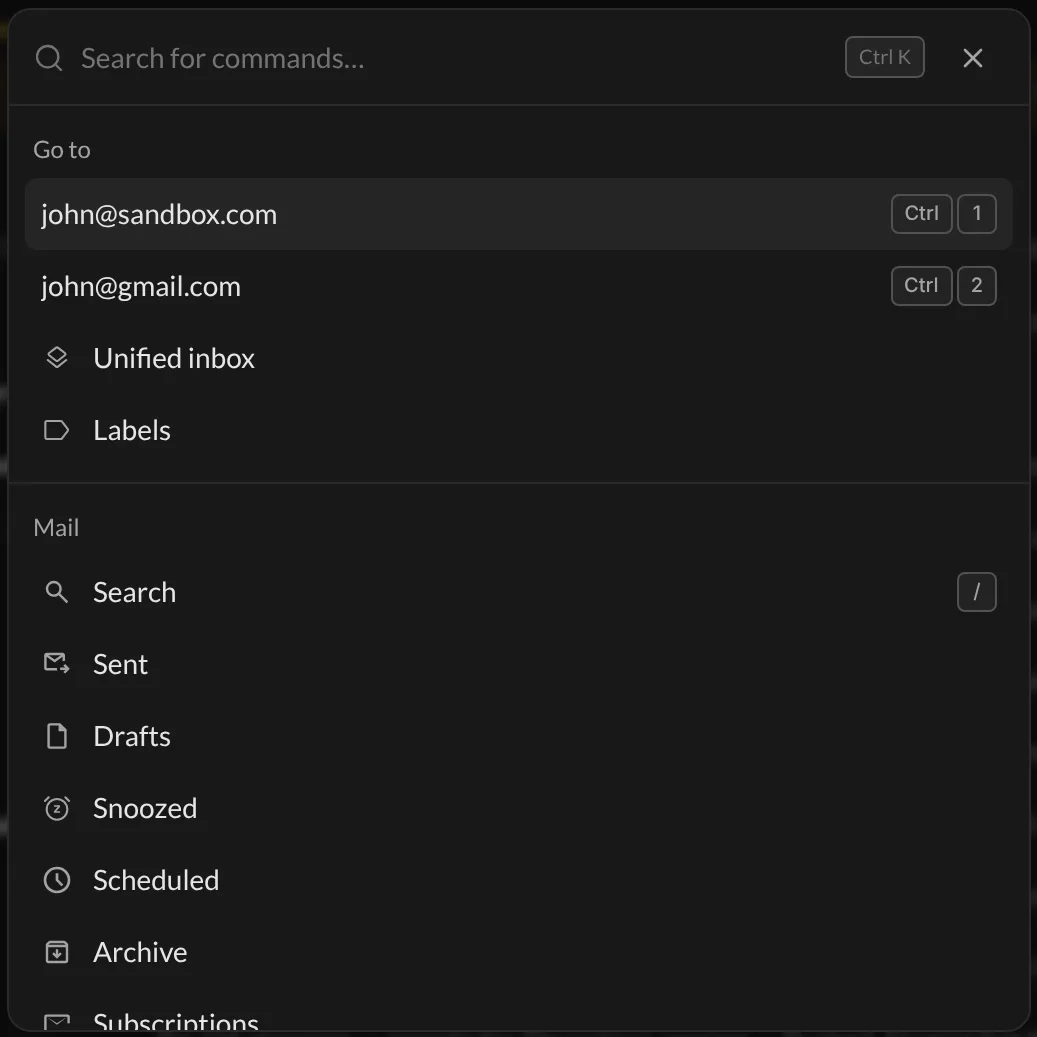 The command palette, with your inboxes and folders