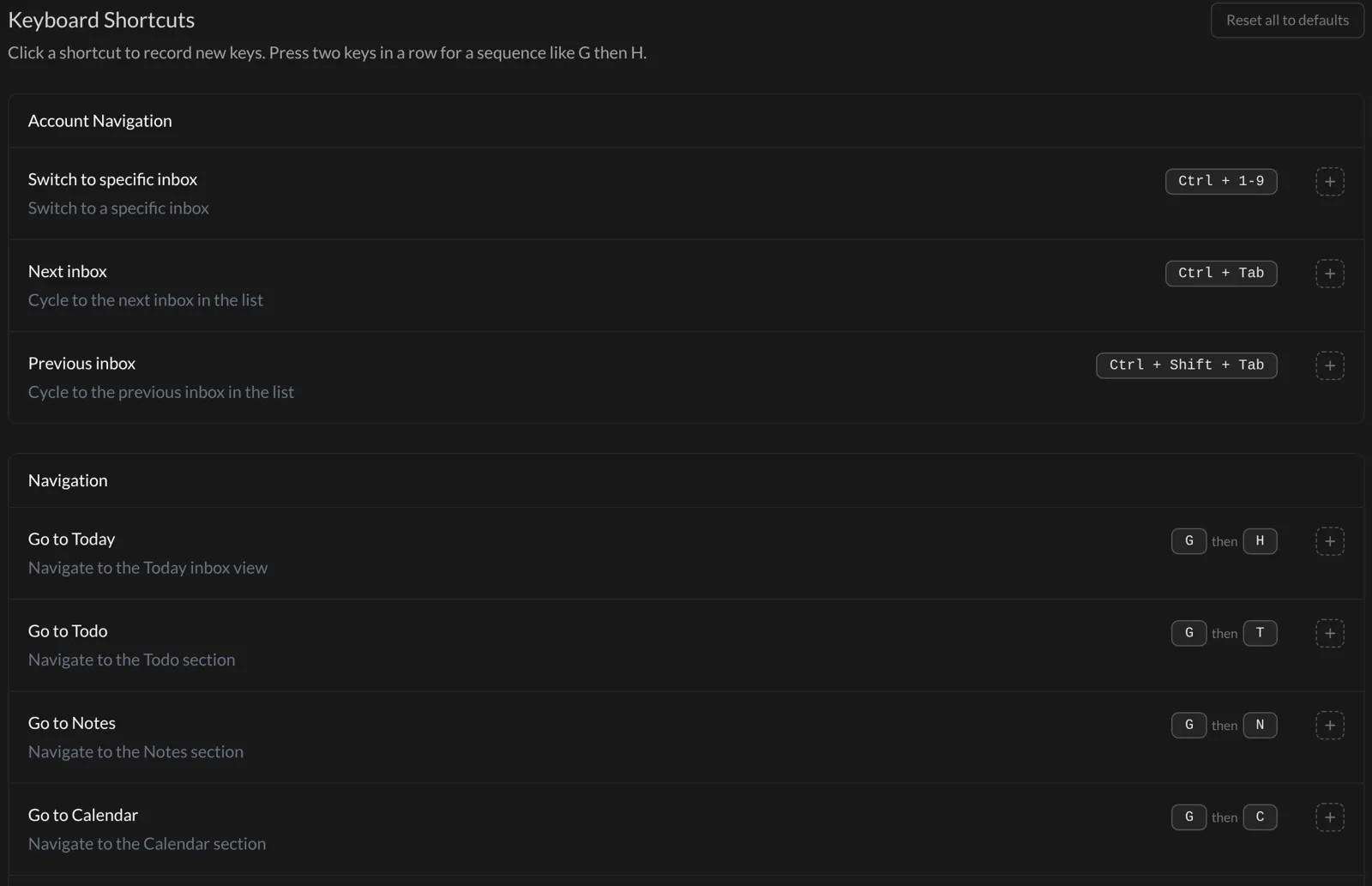 The Shortcuts settings, with the two-key shortcuts like G then H