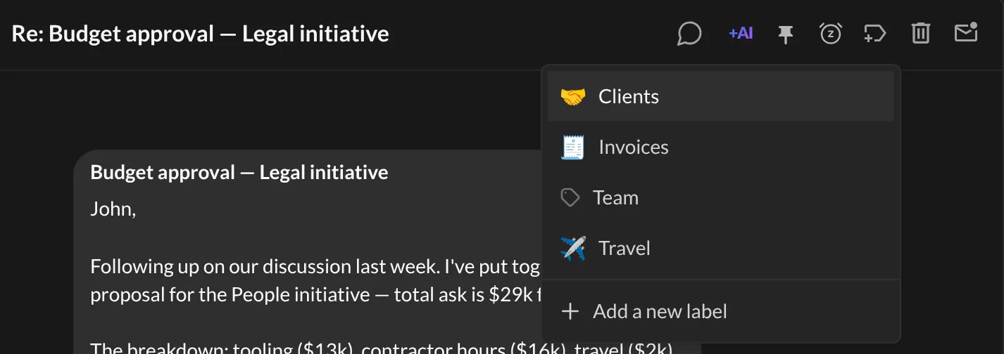 The label menu on an open email, with Add a new label at the bottom