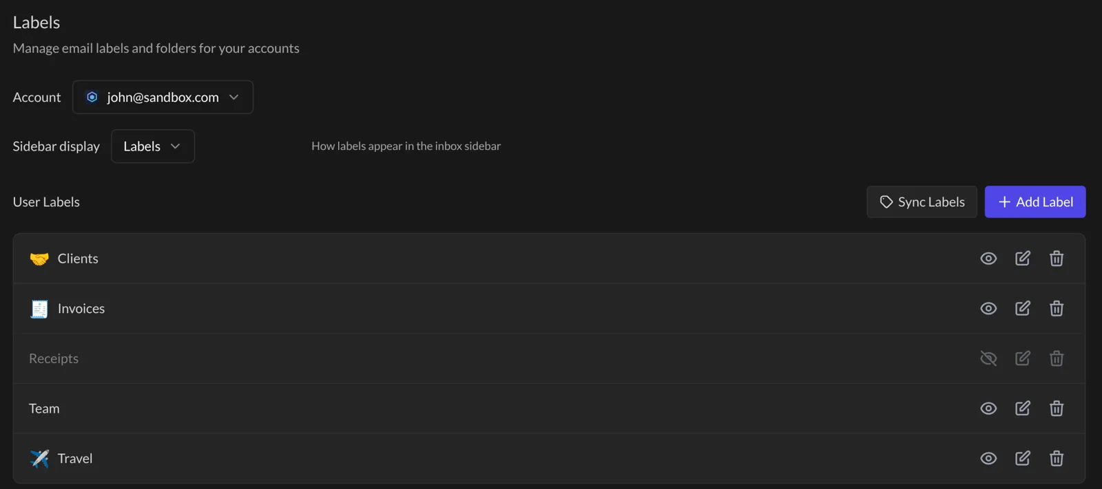 The Labels settings with the eye, edit and delete buttons