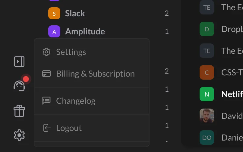 The menu at the bottom left, with Billing & Subscription