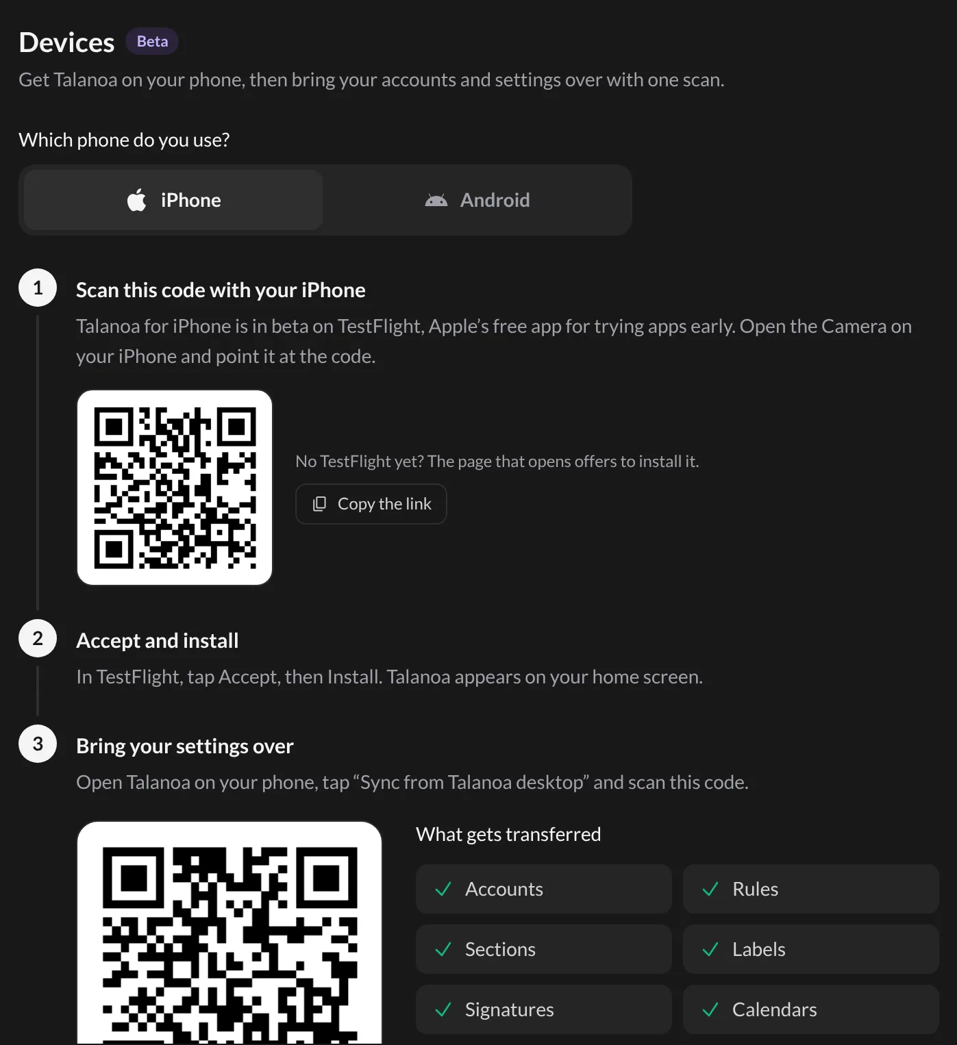The Devices page in Settings, with the iPhone steps and the QR codes