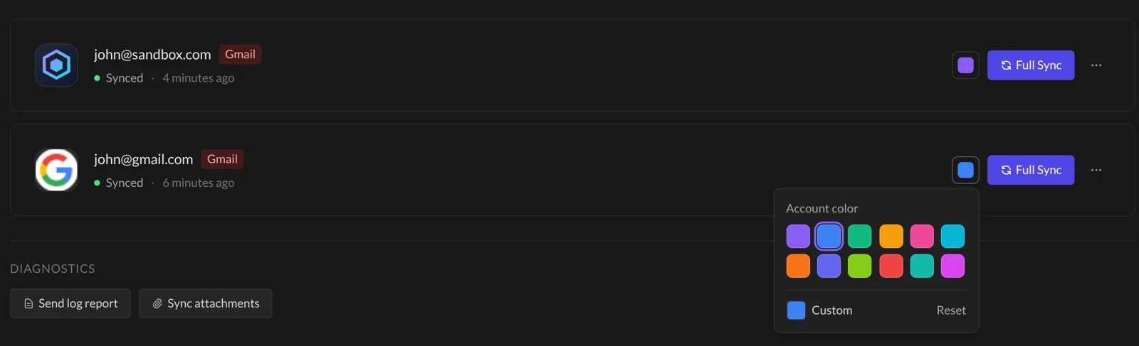 The account color picker in Settings, Accounts