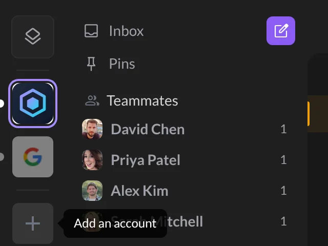 The account rail on the left, with the + button showing "Add an account"
