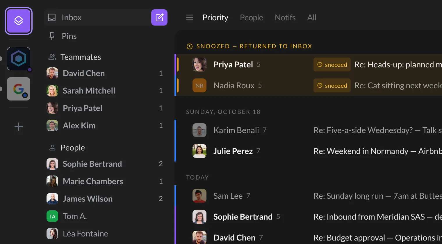 The unified inbox: each email has a colored line matching a dot on its account